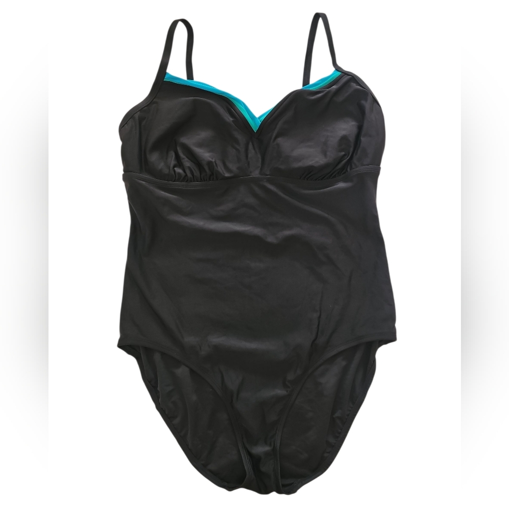 Black One-Piece Swimsuit with Teal + Turquoise Accent